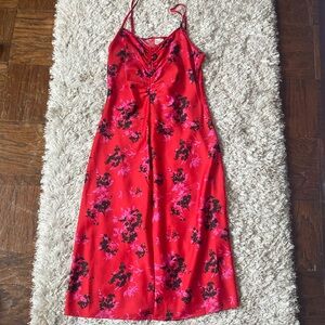 Red silk dress with black and purple detailing